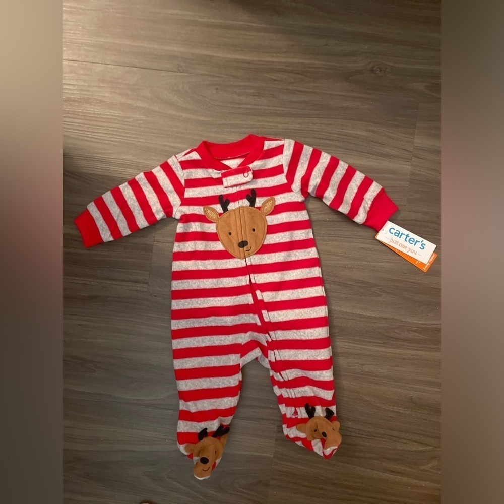 Carter's Red and White Striped Footies with Reindeer Design size 3M
